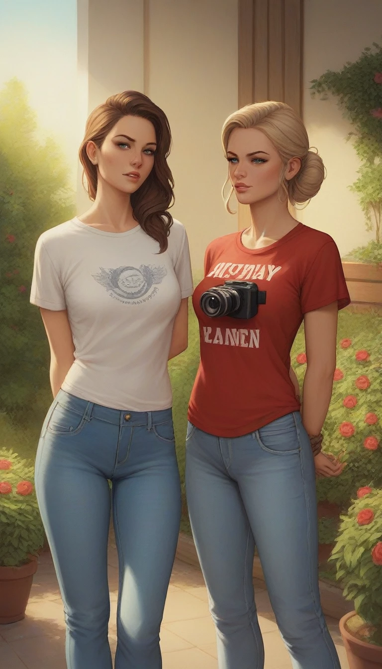 Masterpiece , highly detailed , best quality , perfect face , a beautiful American women, wearing too short sleeves red printed t-shirt and blue jeans , in garden , arms bound behind back with rope , looking at camera , standing still 