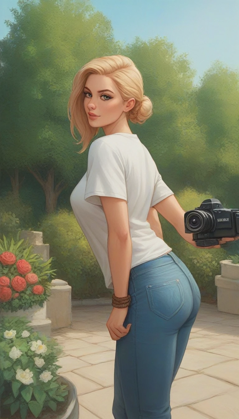 Masterpiece , highly detailed , best quality , perfect face , a beautiful American women, wearing too short sleeves red printed t-shirt and blue jeans , in garden , arms bound behind back with rope , looking at camera , standing still