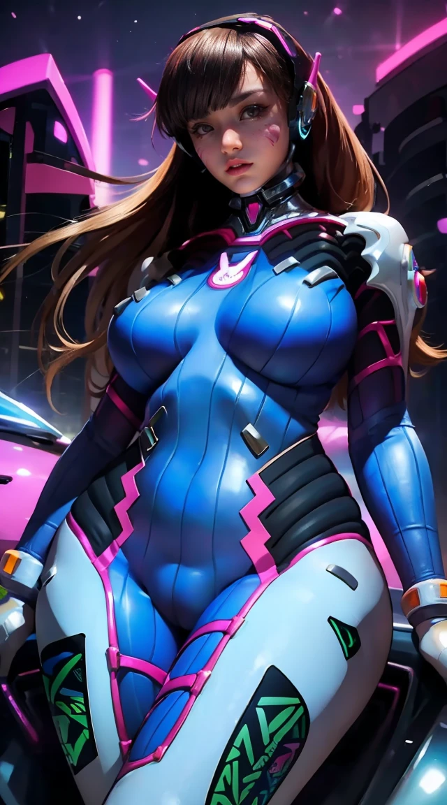 d.She is beautiful, sensual and sexy with her beautiful suit with big breasts and big hips looking ahead about to leave the screen so close that a futuristic city with many neon lights can be perceived in the background 