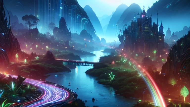top quality, future world, State-of-the-art robot, Beautiful Woman, flying hair, Transformed into a cyborg except for the face,  Transformed into a cyborg except for the shoulder, sexy images, whole body photo, ((mysterious island, mysterious atmosphere, mysterious river, mysterious mountain, mysterious rainbow, mysterious background))