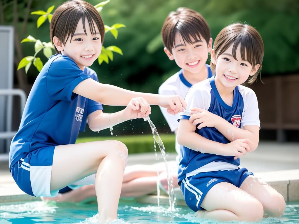 hot summer、、Summer swimming pool、It is sunny、Pouring water on each other、Audible laughter、A lot of boys、Get wet all over、Japan Boy、Glowing water splashes、Pool lessons、Boy playing in water、The happy boys、Strong sunlight、Short sleeve gym uniform、Blue shorts、barefoot,There are only boys 、10age、Highest quality、masterpiece