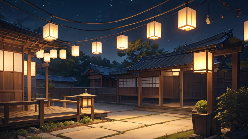 Depicting the end of the Japanese summer festival、A quiet and slightly lonely scene。Capturing a quiet moment after the festival。A few remaining lanterns cast a warm light in the night sky.。The overall atmosphere is quiet and a little lonely.、Evokes the bittersweet feeling of a late summer night