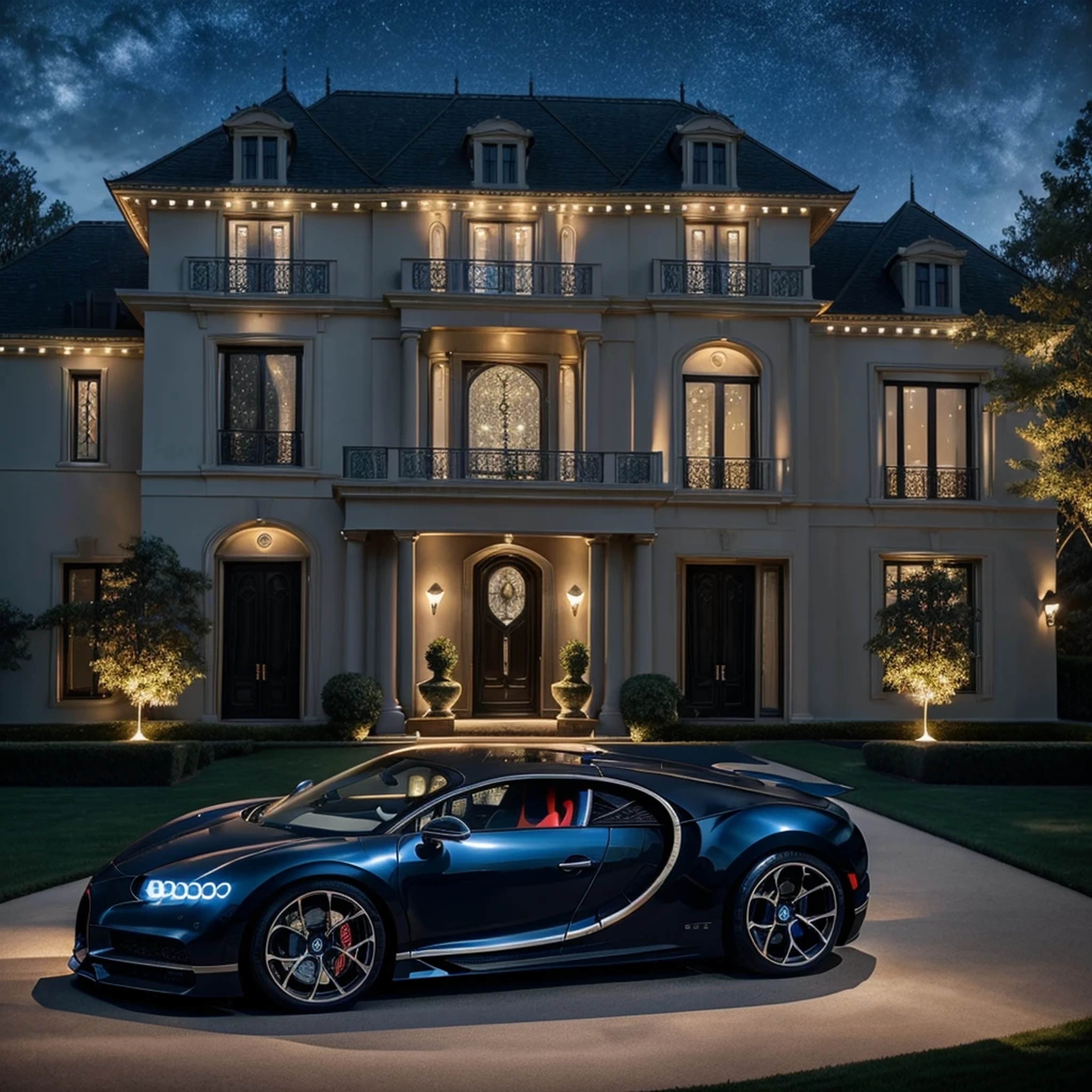 Two brothers in their two Bugatti Chiron waiting in front of their luxurious house at night, with the car's sleek design illuminated by the glow of the mansion's lights. The scene is filled with opulence, showcasing the grandeur of the house with its tall windows and intricate architecture, all under a starry sky."
