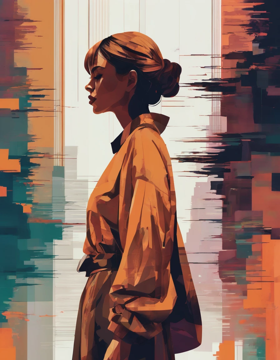 An illustration of Woman, glitch art, minimalism, in the style of modern illustration, earth colors, fantasy 