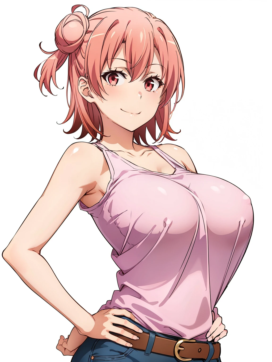 ((masutepiece, Best Quality, hight resolution, nffsw, Perfect Pixel, depth of fields, 4K, )), 1girl in, Solo, , Beautiful anime girl, Beautiful Art Style, close up, Looking at Viewer, Perfect body, Yuigahama Yui, Short hair, pink hair, hairbun, (large boob), smiling, winking, one eye open, hands on hips, blank white background, cowboy shot