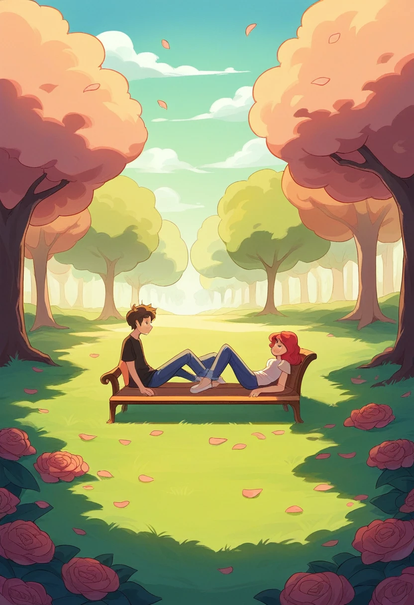"Create an enchanting scene set in a vibrant park during springtime, where an Indian boy in a casual t-shirt and jeans and an Indian girl in a beautifully draped saree are sitting together on a wooden bench. The boy is lying with his head resting on the girl’s lap, looking up at her with a serene expression. The girl gently caresses his hair, her face showing a loving smile. Surrounding them, flower petals are cascading down from blooming trees, creating a magical and romantic atmosphere. The ground is covered in a colorful carpet of petals, and the air is filled with their delicate fragrance. The park is lush and green, with tall trees providing shade and flowers in full bloom adding vibrant colors to the scene. In the background, you can see a small, picturesque pond with ducks swimming, enhancing the peaceful and romantic mood of the setting. The sunlight filters through the branches, casting a warm, golden light over the couple, highlighting their tender moment amidst the beauty of nature."