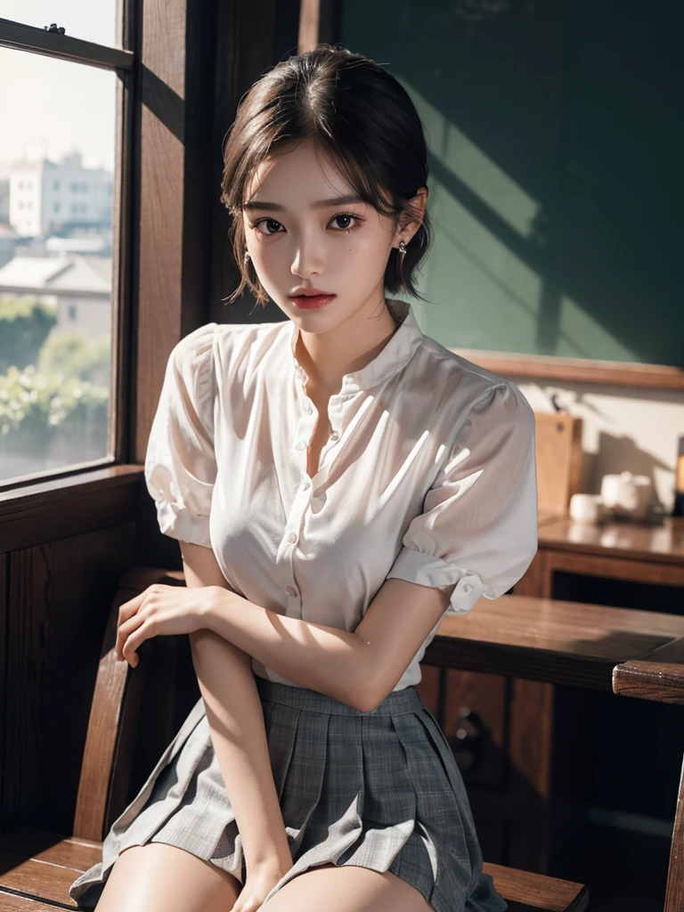 a miniskirt、Panties are visible、White dress shirts、Beautiful bust line