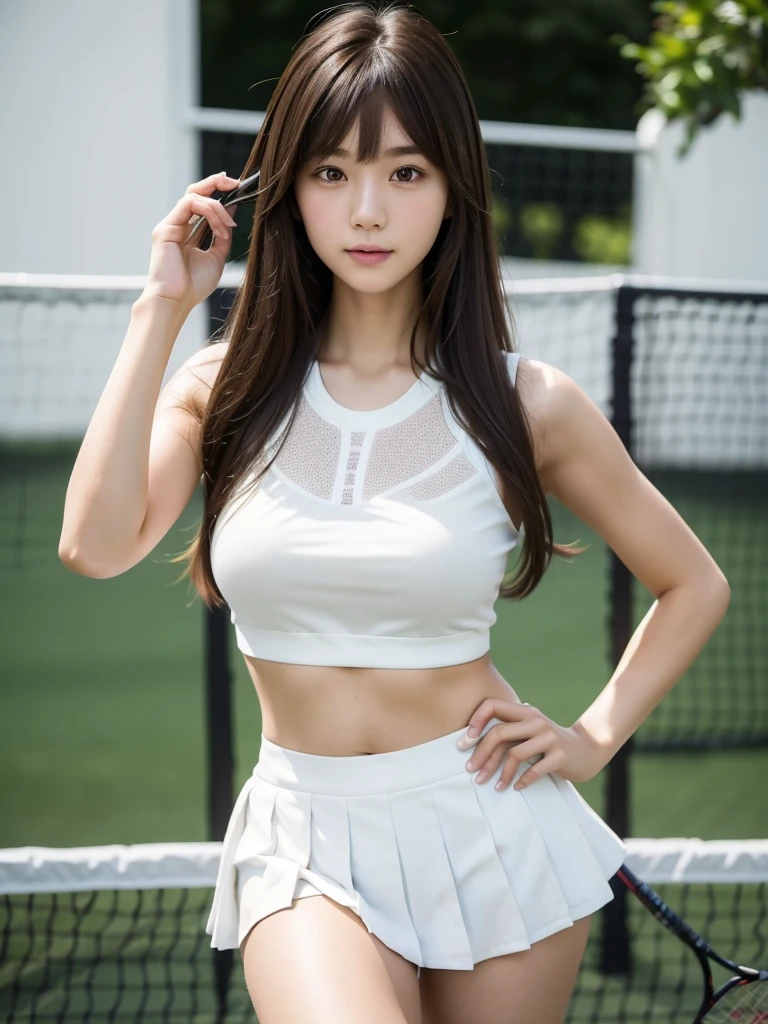 White tennis wear、tennis racket、Tennis ball、Tennis court、(Highest quality)、((Very detailed))、4K、(8k)、masterpiece、Very detailedな、Highest quality、Super Resolution、1 person、Kind Face、Soft Light、RAW quality、Soft Skin、163cm、20-year-old、Thighs、Soft long hair, bangs, Brown Hair, 1 personの女の子, High resolution, Big and cute eyes, A clear double, White pleated micro mini skirt, Thighs, plump big breasts, I can see your pants, Beautiful pussy line, 