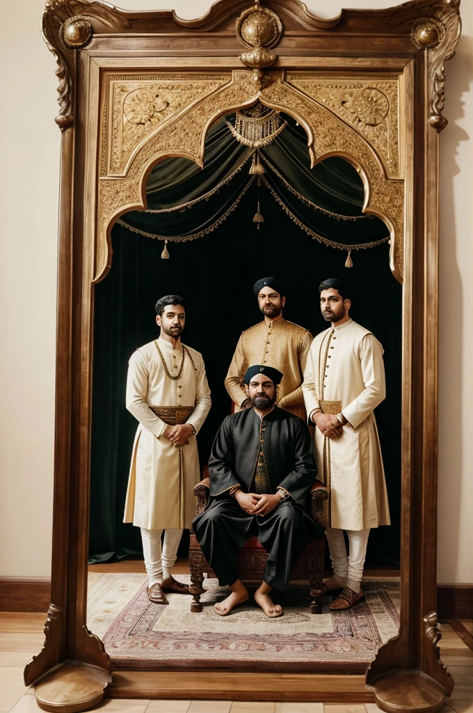 ((best quality)), ((masterpiece)), (detailed), perfect face
A big sized antique bordered photo frame of Mughal emperor shahjahan with his 4 male court persons standing behind him, in that photo frame where shajahan sitting in front on round shaped throne, he is holding a single red rose flower in right hand and another hand is on head rest pillow. Head and eye is facing towards rose and 4 male court persons standing behind him in Mughal black dress, background to them will be nature scenery