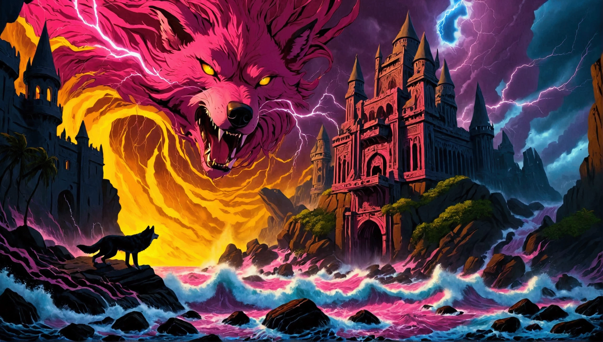 (Mysterious eerie citadel with intricate architecture:1.2) on rocks of tropical island))), crushing waves, yellow-pink thunderstorm, (eerie wolf in front:1.2) masterpiece in maximum 16K resolution, best quality, ultra detailed, aesthetics, absurdes.
