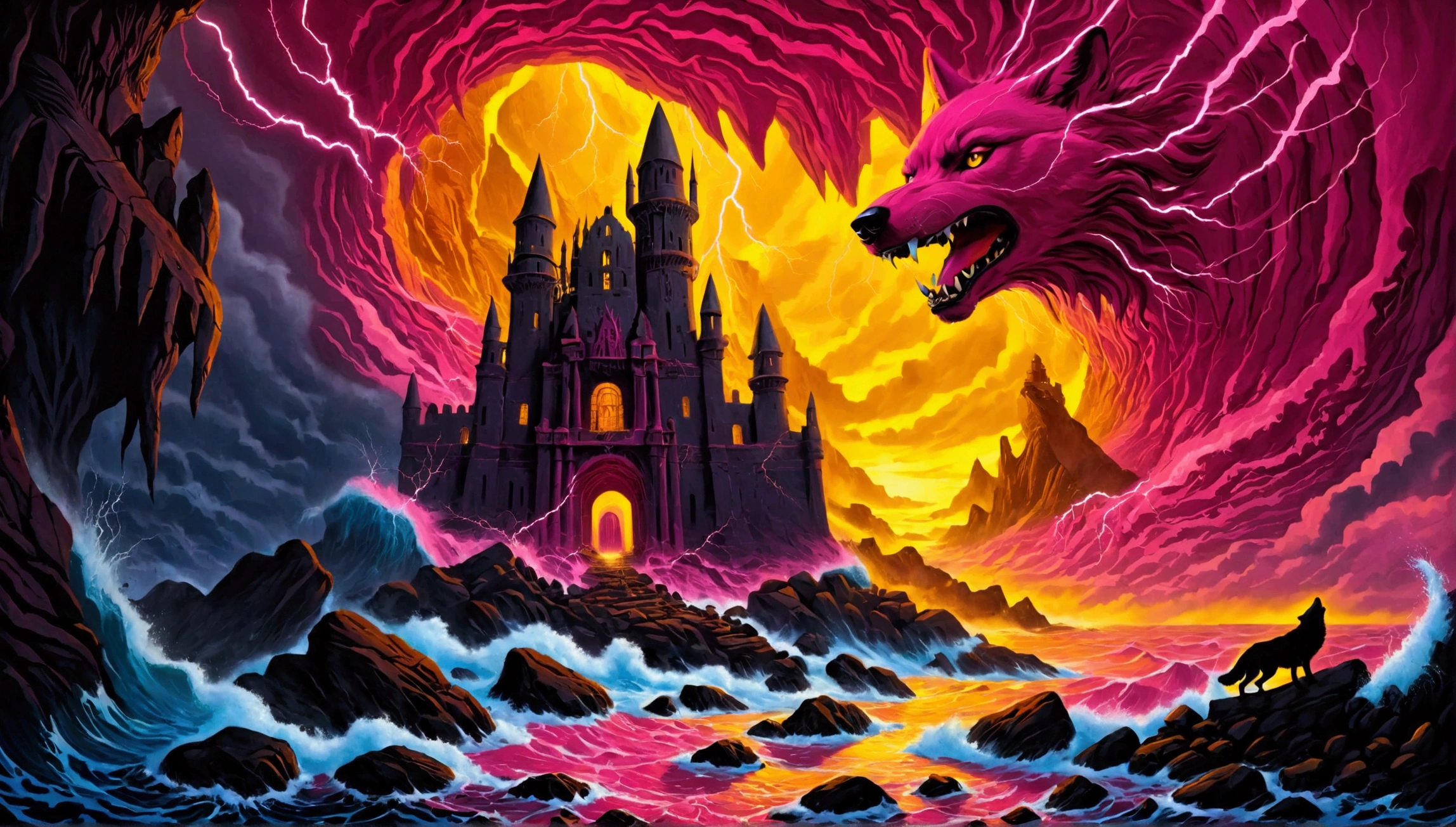 (Mysterious eerie citadel with intricate architecture:1.2) on rocks of tropical island))), crushing waves, yellow-pink thunderstorm, (eerie wolf in front:1.2) masterpiece in maximum 16K resolution, best quality, ultra detailed, aesthetics, absurdes.
