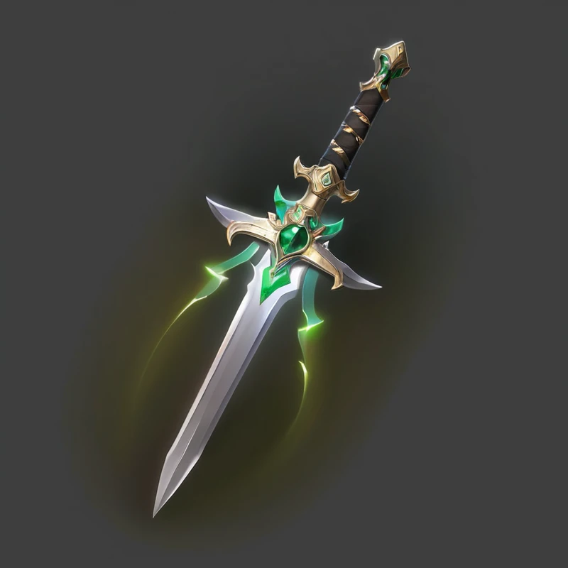 Close up of a sword with green stars, Shining Sword, glowing green soul blade, raytraced blade, Glowing sword, Shining Sword, Magic Sword, Great Sword, Medieval spears, Holographic Blade!, Buster Sword, POLEARM, The glittering gem on the hilt, Master Sword, POLEARM glaive, Shuriken