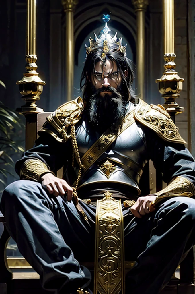 The adult man, The king of swords, king of warrior armor outfit, have golden crown on his head, black beard, holding a knight golden swords in his hand, sitting on the huge golden throne in the palace, His eyes were filled with powerful, full body pose, optimistic, adventurous, cinematic lighting, dramatic skies, detailed facial features, detailed clothing, depth of field, photorealistic, highly detailed, 8k, masterpiece