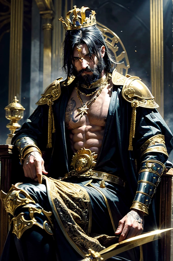 The adult man, The king of swords, king of warrior armor outfit, have golden crown on his head, black beard, holding a knight golden swords in his hand, sitting on the huge golden throne in the palace, His eyes were filled with powerful, full body pose, optimistic, adventurous, cinematic lighting, dramatic skies, detailed facial features, detailed clothing, depth of field, photorealistic, highly detailed, 8k, masterpiece