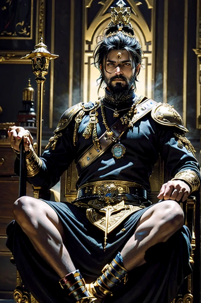 The adult man, The king of swords, king of warrior armor outfit, have golden crown on his head, black beard, holding a knight golden swords in his hand, sitting on the huge golden throne in the palace, His eyes were filled with powerful, full body pose, optimistic, adventurous, cinematic lighting, dramatic skies, detailed facial features, detailed clothing, depth of field, photorealistic, highly detailed, 8k, masterpiece
