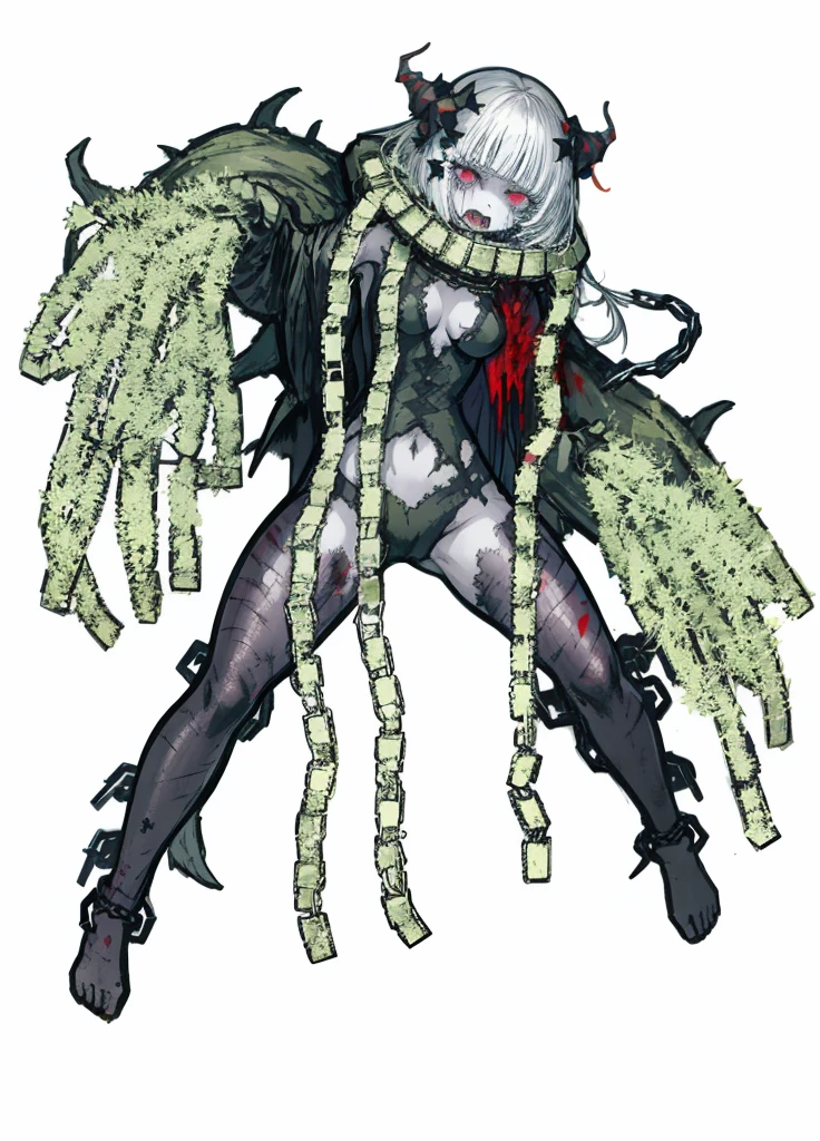 1girl,mutant flower, White hair, blood tears, dark circles under eyes, cursed,(blood cover, chains), scar cover, (high resolution, high detail, best quality), pain, scream