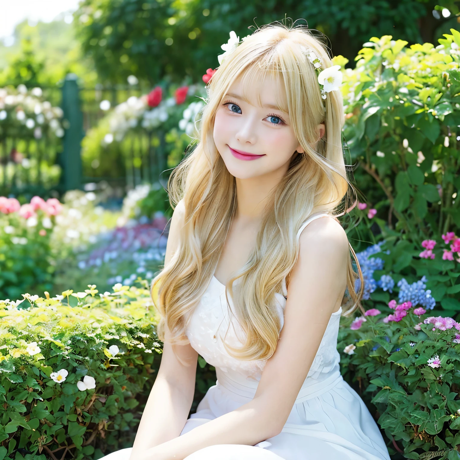 8k, RAW photo, Photo realistic, best quality, 1girl, (long blonde hair:1.2), blue eyes, white dress, sitting,relaxing, ((flower garden)), (smiling), sunlight, detailed background