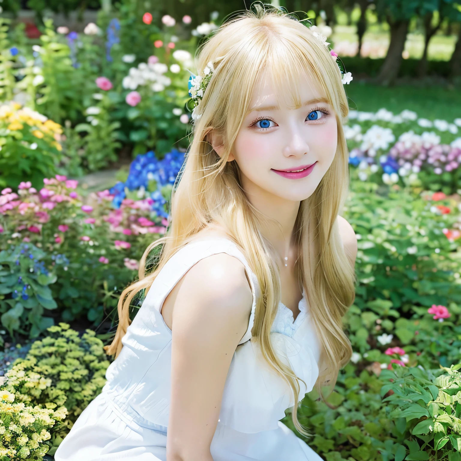 8k, RAW photo, Photo realistic, best quality, 1girl, (long blonde hair:1.2), blue eyes, white dress, sitting,relaxing, ((flower garden)), (smiling), sunlight, detailed background