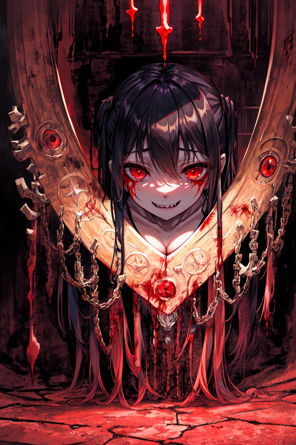 (Highest quality,4K,High resolution,masterpiece:1.2),Very detailed,Realistic:1.37,Spooky altar background,Dark fantasy,Red color scheme,Ominous atmosphere,Eye-catching,Storytelling,anatomy,Anime Style,Concept Art,beautiful細部までこだわった顔と (((Red eyes ))),Not exposed,Don&#39;Don&#39;t show skin,The body is covered with clothing,A terrifying ritual ,Long golden hair,Blonde,disaster々New Tiara,Satanic Ritual,Premature death,Misconduct,Crazy Smile,Scythe Face,Girl Monster, beautiful, Delicate facial features, Sharp Eye, Sharp Fangs, Pale skin, Thick chain, Dark Background, Cinema Lighting, Dramatic Shadows, Gothic style, Gloomy atmosphere, Dark fantasy, One Girl, , Please open your mouth wide, Open your mouth and baring your teeth,Sharp teeth like a beast, Wide lips, very wide mouth, Vermilion cheeks, ,(Blood splatter:1.4),Scary smile, smile,Fallen angel design, Twisted smile、Bloodstained、bleeding from the head,,,、Blood splatter、,(Blood splatter:1.4),Crossbones, skull,Horror Style, ((Fantasy Fallen Angel Costume)), ((Flowing blonde hair)), ,(Blood splatter:1.6),(Highest quality,4K,High resolution,masterpiece:1.2),Very detailed,Realistic:1.37,Spooky altar background,Dark fantasy,Red color scheme,Ominous atmosphere,Eye-catching,Storytelling,anatomy,Anime Style,Concept Art,beautiful細部までこだわった顔と (((Red eyes ))),Not exposed,Don&#39;Don&#39;t show skin,The body is covered with clothing,A terrifying ritual ,Long golden hair,Blonde,disaster々New Tiara,Satanic Ritual,Premature death,Misconduct,Crazy Smile,Scythe Face,Girl Monster, beautiful, Delicate facial features, Sharp Eye, Sharp Fangs, Pale skin, Thick chain, Dark Background, Cinema Lighting, Dramatic Shadows, Gothic style, Gloomy atmosphere, Dark fantasy, One Girl, , Please open your mouth wide, Open your mouth and baring your teeth,Sharp teeth like a beast, Wide lips, very wide mouth, Vermilion cheeks, ,(Blood splatter:1.4),Scary smile, smile,Fallen angel design, Twisted smile、Bloodstained、bleeding from the head,,,、Blood splatter、,(Blood splatter:1.4),Crossbones, skull,Horror Style, ((Fantasy Fallen Angel Costume)), ((Flowing blonde hair)), ,(Blood splatter:1.4),Female curves, Sexy flat stomach, Perfect hands, Perfect anime face, ((White Lolita Dress)), Are standing, ((Wicked Smile)), ,(Blood splatter:1.4), Steam circulates, Moonlight Illumination, night lighting, disaster々new devil horns,,(Blood splatter:1.6),アニメFallen angel design, Twisted smile、Bloodstained、bleeding from the head,,,、Blood splatter、,(Blood splatter:1.4),Crossbones, skull,Gothic architecture、Western architecture、Fantasy World、,Victorian cities, Skeleton Gas Light,