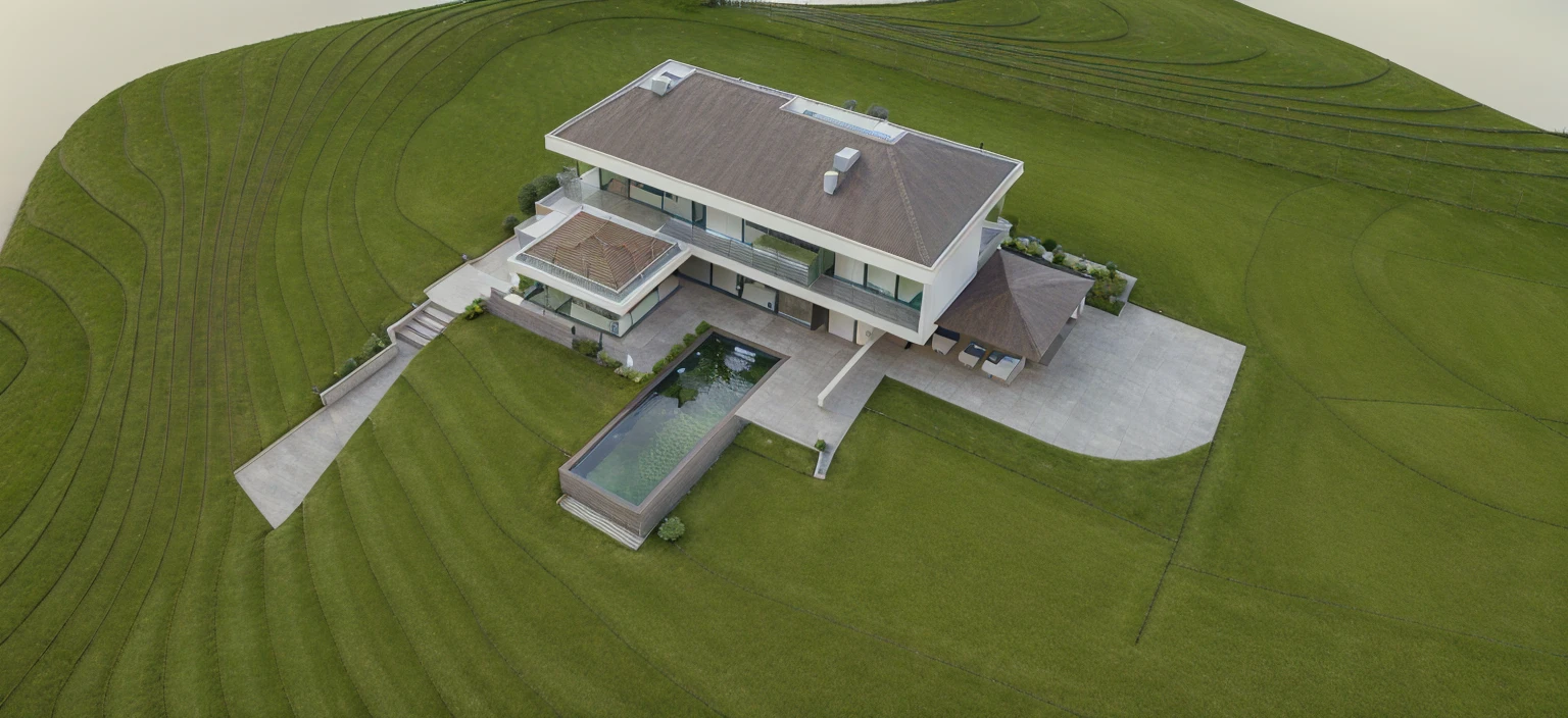 modern villa, trees, plants, aerial view, masterplan, grass, day, line, curve, masterpiece, highquality, realistic photo, canon eos 5D mark, [[[architech1904]]], natural light, (realistic: 1.2), sharpen edge, 