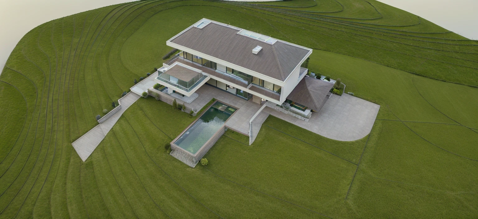 modern villa, trees, plants, aerial view, masterplan, grass, day, line, curve, masterpiece, highquality, realistic photo, canon eos 5D mark, [[[architech1904]]], natural light, (realistic: 1.2), sharpen edge, 