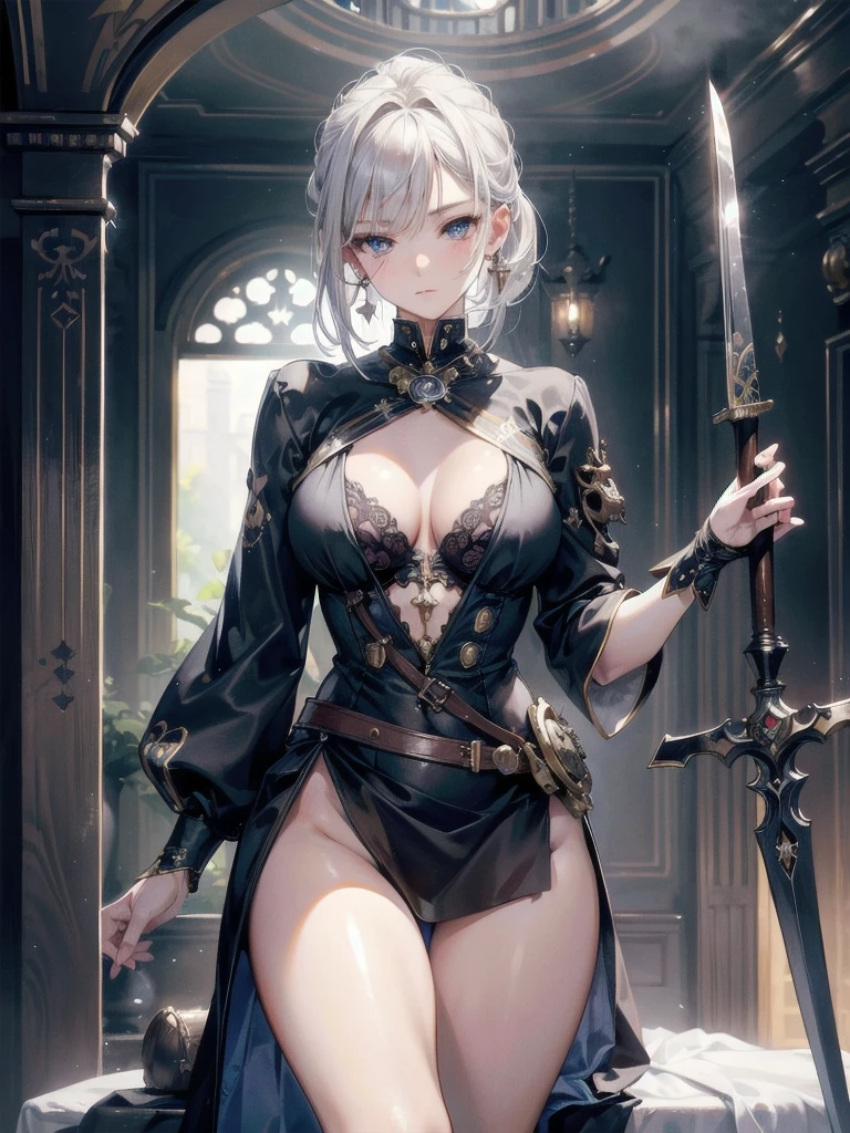 gothic lady justice, blindfold, sexy, erotic, holding sword and scale, wearing robes, bandages, gothic style art.