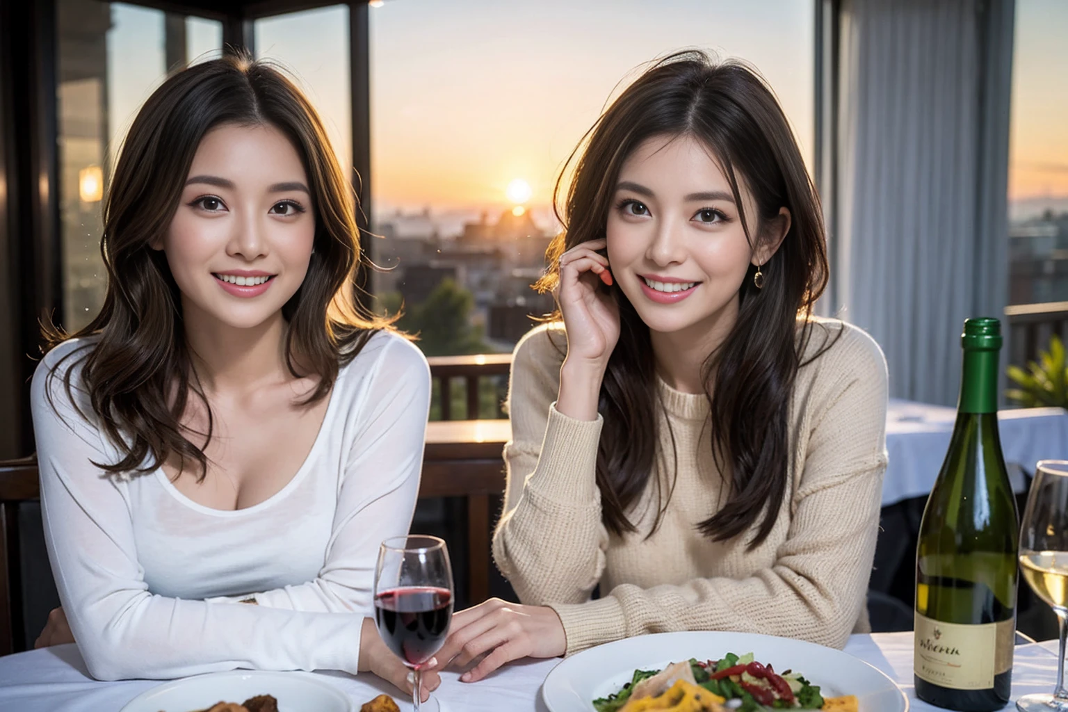 （Realistic:1.1）,(masterpiece,Highest quality)，8k,(40 years old), 42 years old, slimカップル、Model Couple、Actress/Actor、Tight waist,Upper Body,full-course dinner、wine 、Amazing view of the sunset sky and clouds、Perfect Anatomy, Brown Hair, Short Hair,Random Hairstyles,((Highly detailed face and eyes:1.2))(cute顔:1.4)，Beautiful actress face，Perfect golden ratio face，Long sleeve shirt、dress,(smile:1.2)、Shortcuts、cute、(Realistic, Intricate details:1.2), A bright smile、short hair,Bright Face、赤wine 、Appetizers、Italian food、wine bottle、Champagne、スパークリングwine、(slimな顔), (The body is slim), (Brown Hair), (Shortcuts),  Upper Body, 白wine, slim, wineグラス, 