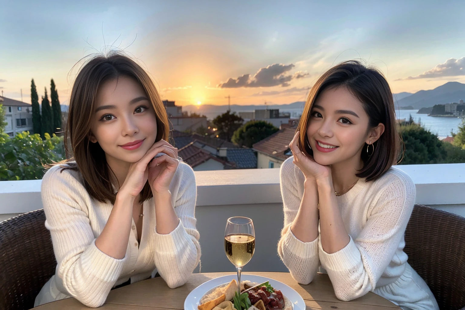 (Realistic:1.1),(masterpiece,Highest quality),8k,(40 years old), 42 years old, slimカップル、Model Couple、Actress/Actor、Tight waist,Upper Body,full-course dinner、wine 、Amazing view of the sunset sky and clouds、Perfect Anatomy, Brown Hair, Short Hair,Random Hairstyles,((Highly detailed face and eyes:1.2))(cute顔:1.4),Beautiful actress face,Perfect golden ratio face,Long sleeve shirt、dress,(smile:1.2)、Shortcuts、cute、(Realistic, Intricate details:1.2), A bright smile、short hair,Bright Face、赤wine 、Appetizers、Italian food、wine bottle、Champagne、スパークリングwine、(slimな顔), (The body is slim), (Brown Hair), (Shortcuts), Upper Body, 白wine, slim, wineグラス,