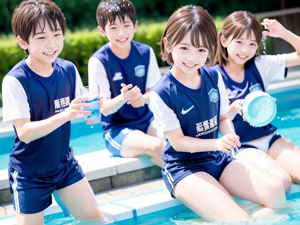 hot summer、primary school、Summer swimming pool、It is sunny、Pouring water on each other、Audible laughter、A lot of boys、Get wet all over、Japan Boy、Glowing water splashes、Pool lessons、Boy playing in water、The happy boys、Strong sunlight、Short sleeve gym uniform、Blue shorts、barefoot，There are only boys 、１０age、Highest quality、masterpiece