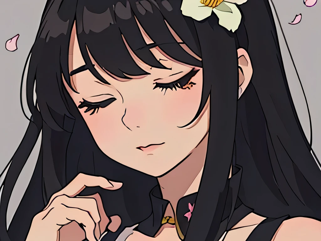 perfect anime illustration closeup portrait of a girl  having long black hair with bangs, wearing a dress, erotic, posing for a picture, professional pose, artistic, eyes closed, smelling a flower