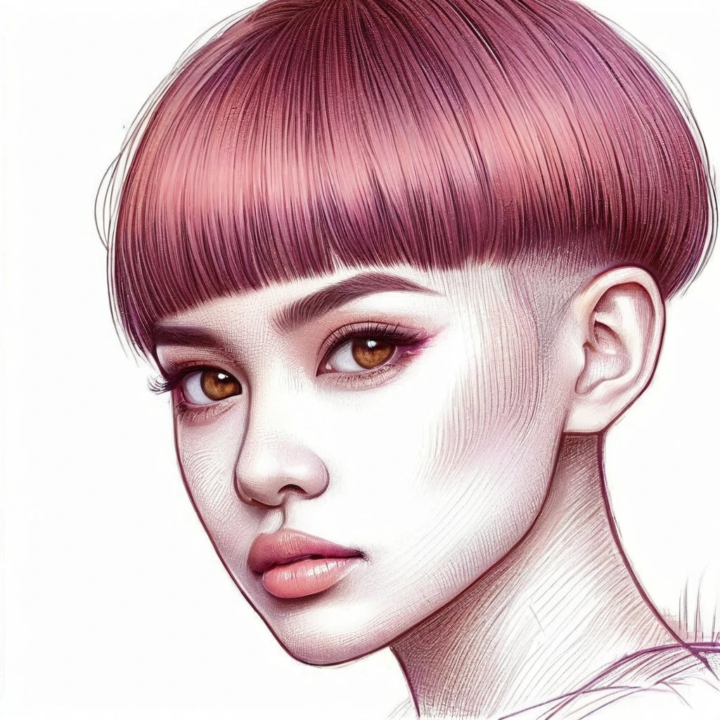  masterpiece, realistic, highly detailed, beautiful, a cute young indonesian woman, sleek straight hair, short bowcut haircut with undercut, purpled salmon haircolor, light makeup, brown eyes. detailed on the face and eye.  elegant pose. charming and calming look. smiling slightly. blurred intricate abstract background.