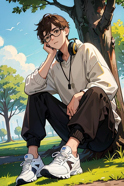 creates a boy with brown hair, transparent circular glasses, loose brown sweater, black pants, white tennis shoes and headphones on his neck, also with his phone in his hand and in a park leaning against a tree.