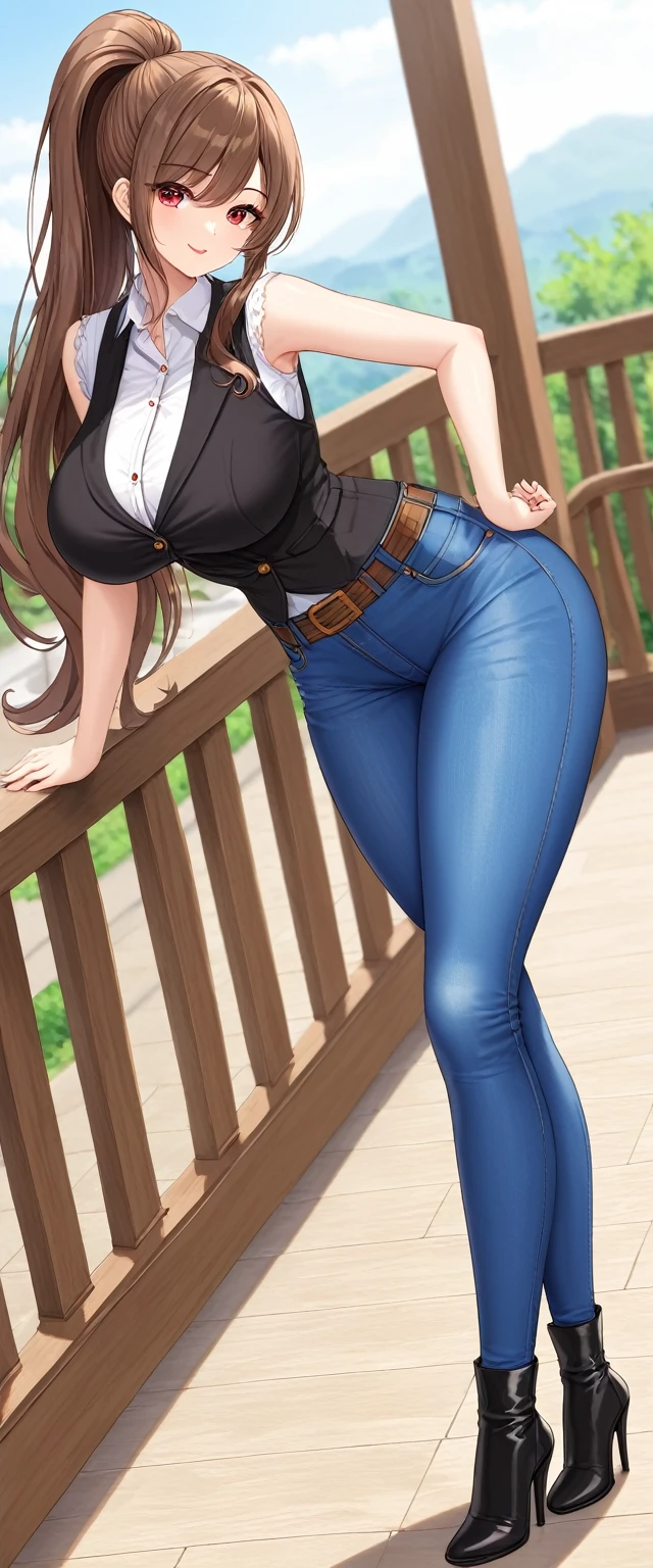 A tall girl, sexy, big breast, beautiful, cute, long brown hair, ponytail, red eye, she wears a white shirt under a short sleeveless black vest and blue jeans, a brown belt, a black heel. 