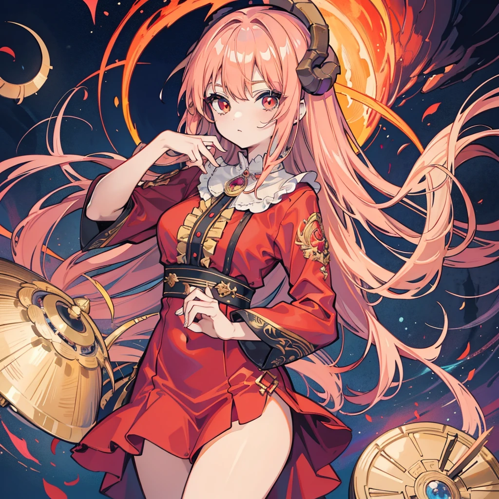 (masterpiece, highest quality), Very detailed, Anime Style, whole body, Traditional Witch Girl, Wearing a loose red dress, Ram's horns growing from his head, Pink miasma in the air, Feeling sleepy、Digital Painting, 8K High Resolution, Trend Art Station, White Background, whole body、Red-pink、Girl with sheep motif、Cute Dream、mist、Pink Flower、Flower offerings、Very light purple and very light pink clouds、A girl sleeping peacefully in her hair、Expressionless、Sleeping with hands folded、Cremated corpse、Girl sleeping peacefully in a coffin、Lying on your back、Wooden ship、Sleeping in a boat、Fantastic lake、Pink lotus floating on the water surface
