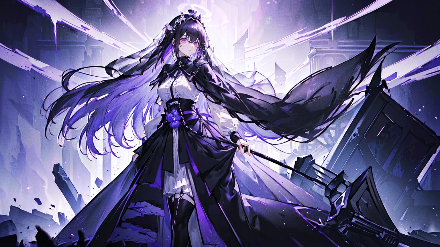 (Super detailed)),((illustration))，((masterpiece)),(((need))),((fine、Highest quality CG Unity 8K wallpapers，masterpiece），（（4K，masterpiece，best quality）），Black hair queen，Waist-length hair，Royal sister，Sexy，Tall figure，Lilac eyes，Standing upright in a coffin，mummy，The whole body is wrapped in bandages，There is a coffin beside him，Mature，Hair Bunch，Hair tied on both sides，Black and purple French vintage clothing，Gorgeous pure black cape，Black veil，Purple-white halo，Black purple boots，Wearing a crown on the head，Holding a knight&#39;s sword，pyramid，Emitting dim purple light，Brilliant palace，Mysterious symbols,individual，Emit a dim light，Full body picture
