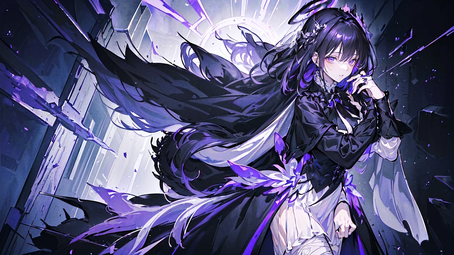 (Super detailed)),((illustration))，((masterpiece)),(((need))),((fine、Highest quality CG Unity 8K wallpapers，masterpiece），（（4K，masterpiece，best quality）），Black hair queen，Waist-length hair，Royal sister，Sexy，Tall figure，Lilac eyes，Standing upright in a coffin，mummy，The whole body is wrapped in bandages，There is a coffin beside him，Mature，Hair Bunch，Hair tied on both sides，Black and purple French vintage clothing，Gorgeous pure black cape，Black veil，Purple-white halo，Black purple boots，Wearing a crown on the head，Holding a knight&#39;s sword，pyramid，Emitting dim purple light，Brilliant palace，Mysterious symbols,individual，Emit a dim light，Full body picture