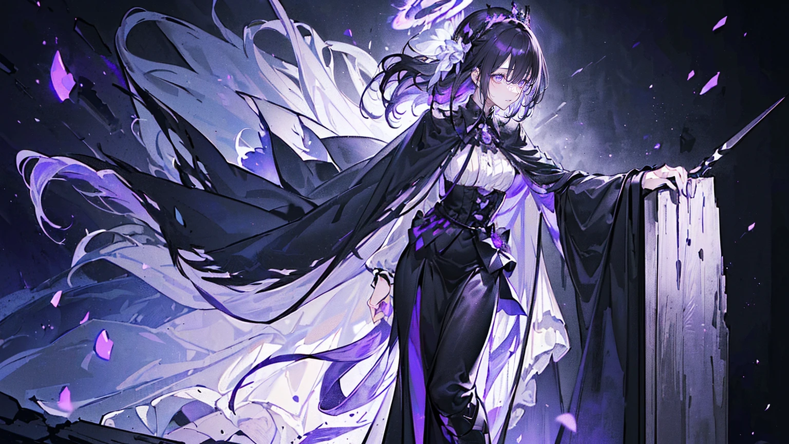 (Super detailed)),((illustration))，((masterpiece)),(((need))),((fine、Highest quality CG Unity 8K wallpapers，masterpiece），（（4K，masterpiece，best quality）），Black hair queen，Waist-length hair，Royal sister，Sexy，Tall figure，Lilac eyes，Standing upright in a coffin，mummy，The whole body is wrapped in bandages，There is a coffin beside him，Mature，Hair Bunch，Hair tied on both sides，Black and purple French vintage clothing，Gorgeous pure black cape，Black veil，Purple-white halo，Black purple boots，Wearing a crown on the head，Holding a knight&#39;s sword，pyramid，Emitting dim purple light，Brilliant palace，Mysterious symbols,individual，Emit a dim light，Full body picture
