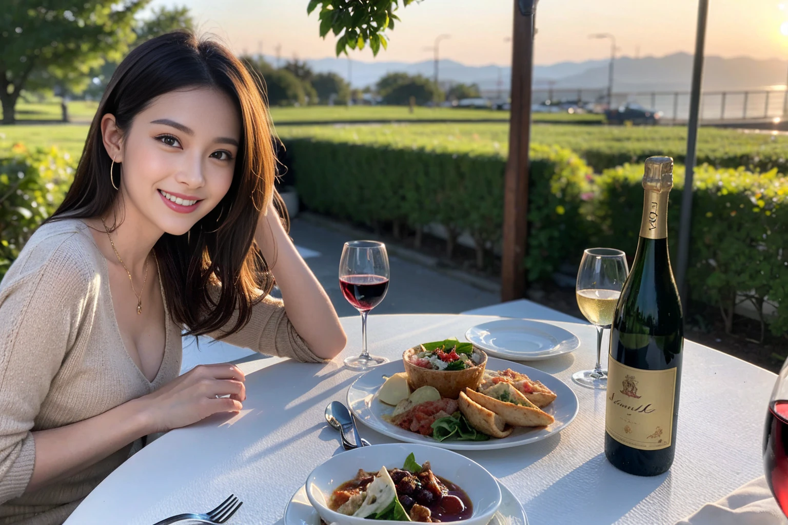 （Realistic:1.1）,(masterpiece,Highest quality)，8k,(40 years old), 42 years old, slimカップル、Model Couple、Actress/Actor、Tight waist,Upper Body,full-course dinner、wine 、Amazing view of the sunset sky and clouds、Perfect Anatomy, Brown Hair, Short Hair,Random Hairstyles,((Highly detailed face and eyes:1.2))(cute顔:1.4)，Beautiful actress face，Perfect golden ratio face，Long sleeve shirt、dress,(smile:1.2)、Shortcuts、cute、(Realistic, Intricate details:1.2), A bright smile、short hair,Bright Face、赤wine 、Appetizers、Italian food、wine bottle、Champagne、スパークリングwine、(slimな顔), (The body is slim), (Brown Hair), (Shortcuts),  Upper Body, 白wine, slim, wineグラス, 