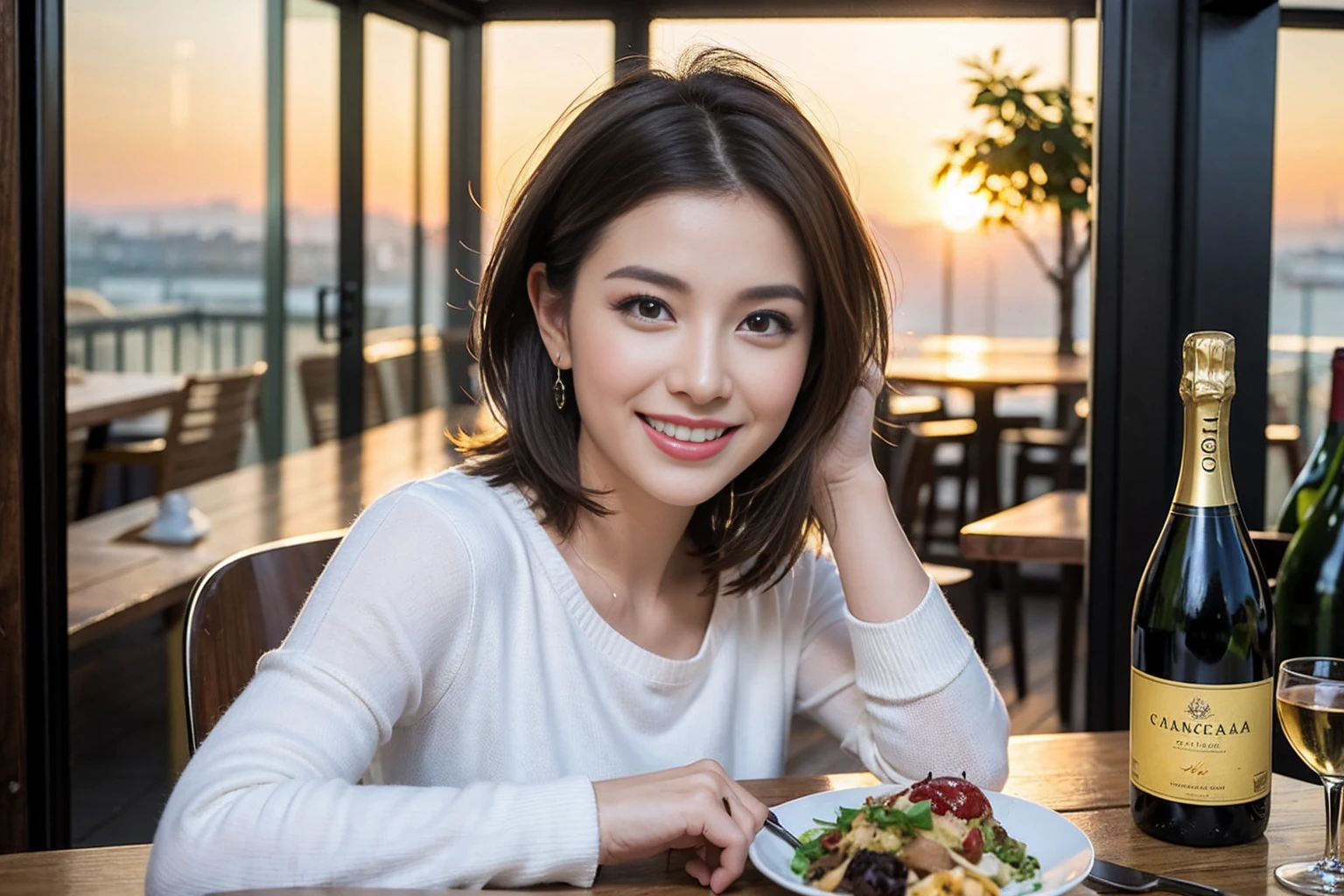 （Realistic:1.1）,(masterpiece,Highest quality)，8k,(40 years old), 42 years old, slimカップル、Model Couple、Actress/Actor、Tight waist,Upper Body,full-course dinner、wine 、Amazing view of the sunset sky and clouds、Perfect Anatomy, Brown Hair, Short Hair,Random Hairstyles,((Highly detailed face and eyes:1.2))(cute顔:1.4)，Beautiful actress face，Perfect golden ratio face，Long sleeve shirt、dress,(smile:1.2)、Shortcuts、cute、(Realistic, Intricate details:1.2), A bright smile、short hair,Bright Face、赤wine 、Appetizers、Italian food、wine bottle、Champagne、スパークリングwine、(slimな顔), (The body is slim), (Brown Hair), (Shortcuts),  Upper Body, 白wine, slim, wineグラス, 