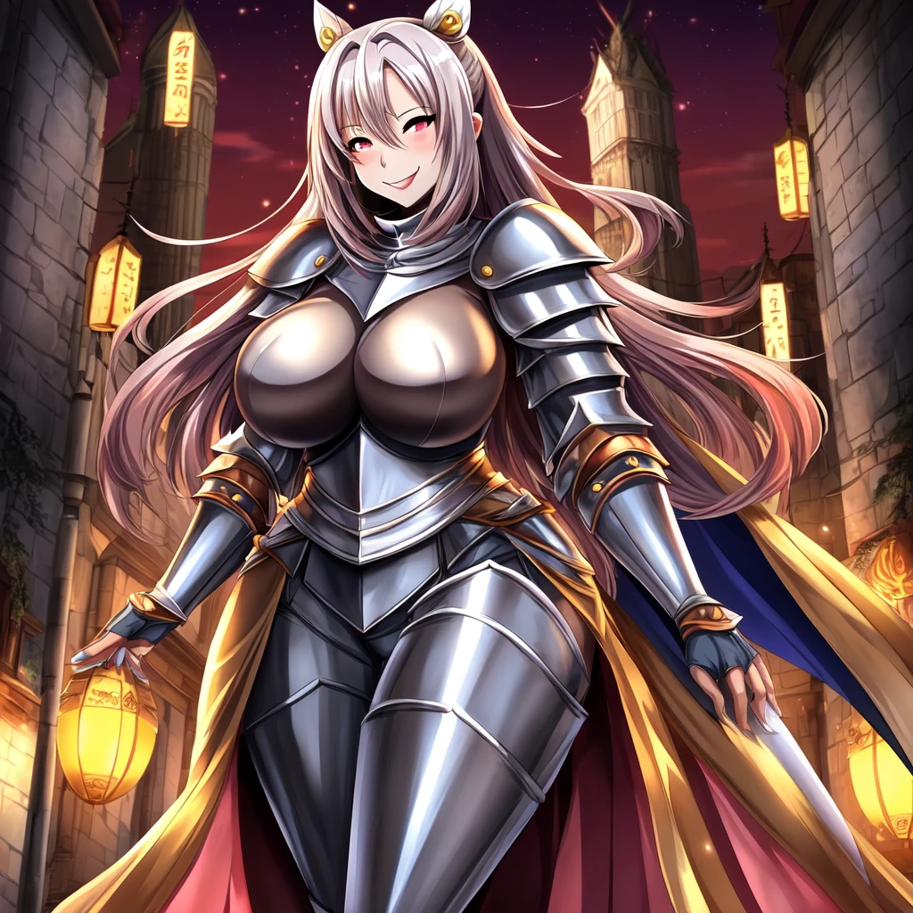 ((beautiful adult anime mommy with a perfect figure, beautiful breasts and hips, she stands and smiles widely with empty eyes, she is dressed in knight&#39;s armor, there is a terrible scary very powerful black ghostly aura around her, image in realistic anime horror style)), ((detailed to the smallest detail ultra realistic 8k graphics, Best quality))