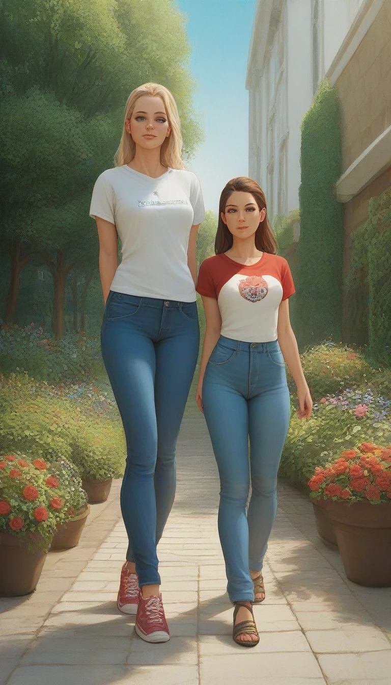 Masterpiece , highly detailed , best quality , perfect face , a beautiful American women, wearing too short sleeves red printed t-shirt and blue jeans , in garden , handcuffed behind back , looking at camera , standing still