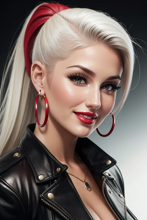 lucy pinder, face portrait, smiling, ponytail, platinum hair, hoop earrings, black leather jacket, red lipstick.
