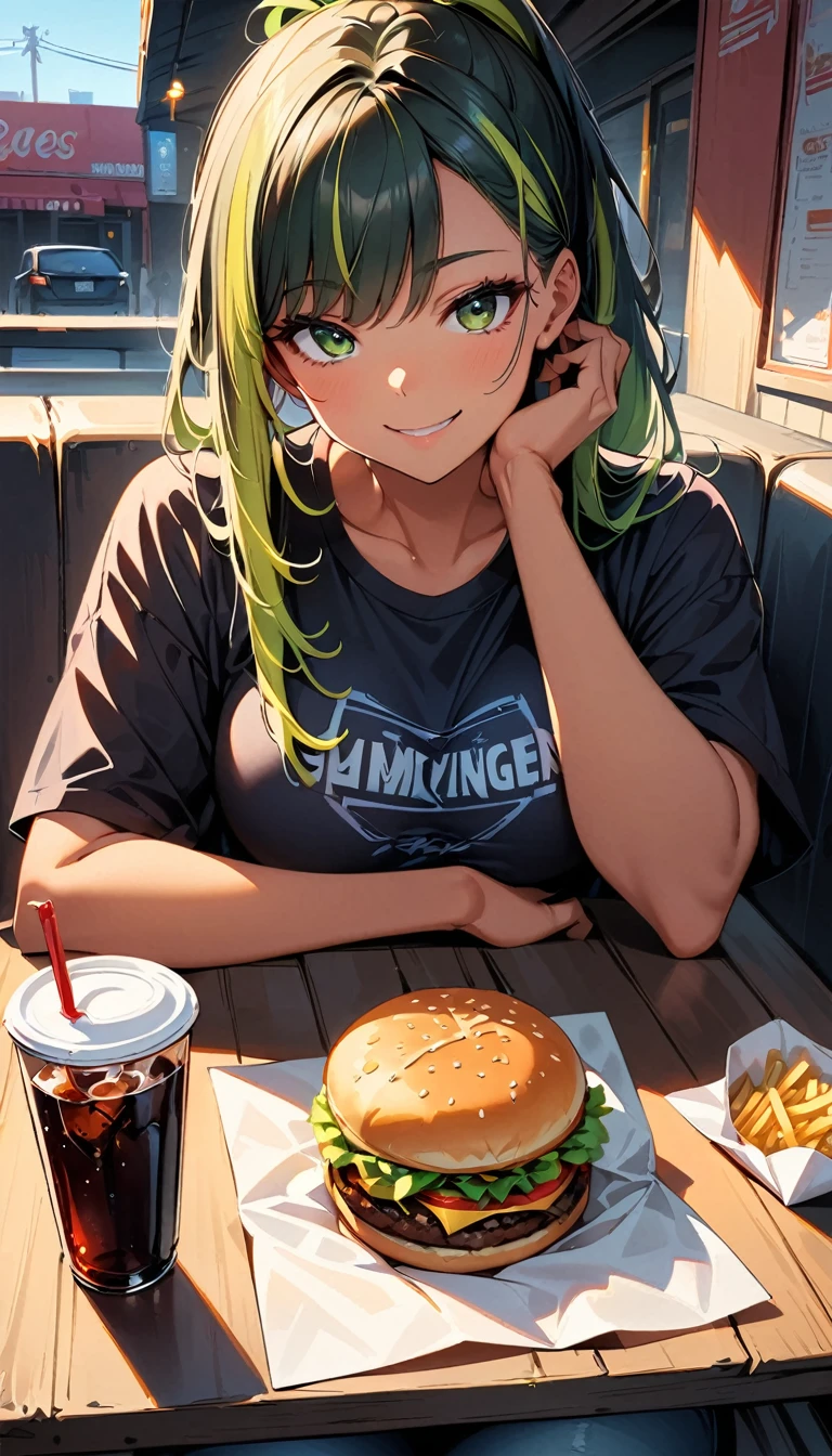 (highest quality:1.2, Very detailed, up to date, Vibrant, Ultra-high resolution, High Contrast, masterpiece:1.2, highest quality, Best aesthetics), Portraiture、solo, girl、(slim:1), (25-years-old), Bright colors、Beautiful fine details、Beautiful lip detail、long hair、ponytail, white and yellow green ((streaked hair:1.6)), highlights hair: 1.5, (medium breast:0.8) , (tan skin:1.1), t-shirt, jeans, (eating half wrapped hamburger with paper:1), (cup of cola and french fries on the table), sitting in American style hamburger shop, smile,