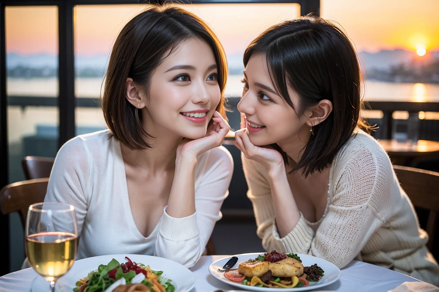 (Realistic:1.1),(masterpiece,Highest quality),8k,(40 years old), 42 years old, slimカップル、Model Couple、Actress/Actor、Tight waist,Upper Body,full-course dinner、wine 、Amazing view of the sunset sky and clouds、Perfect Anatomy, Brown Hair, Short Hair,Random Hairstyles,((Highly detailed face and eyes:1.2))(cute顔:1.4),Beautiful actress face,Perfect golden ratio face,Long sleeve shirt、dress,(smile:1.2)、Shortcuts、cute、(Realistic, Intricate details:1.2), A bright smile、short hair,Bright Face、赤wine 、Appetizers、Italian food、wine bottle、Champagne、スパークリングwine、(slimな顔), (The body is slim), (Brown Hair), (Shortcuts), Upper Body, 白wine, slim, wineグラス,