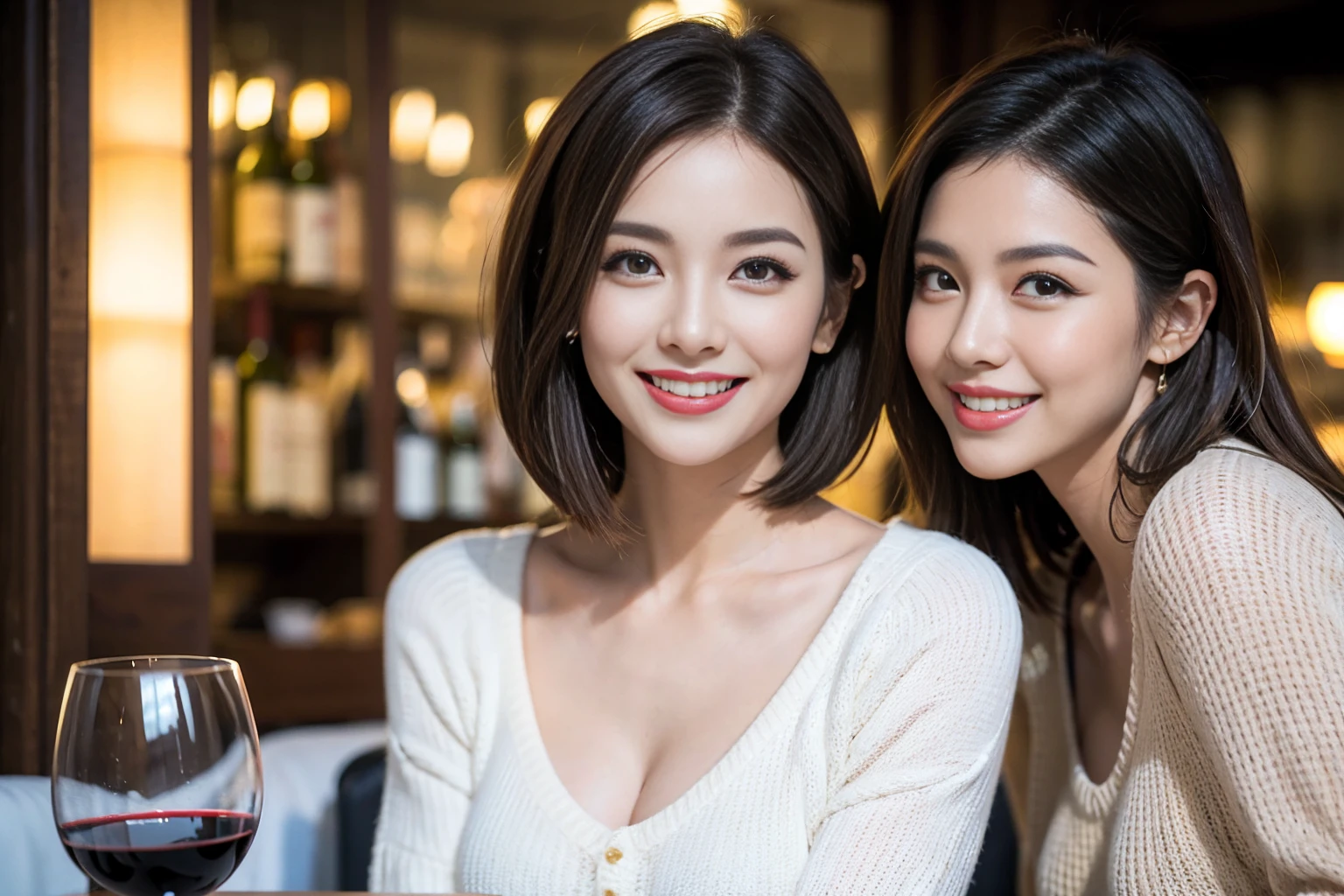 (Realistic:1.1),(masterpiece,Highest quality),8k,(40 years old), 42 years old, slimカップル、Model Couple、Actress/Actor、Tight waist,Upper Body,full-course dinner、wine 、Amazing view of the sunset sky and clouds、Perfect Anatomy, Brown Hair, Short Hair,Random Hairstyles,((Highly detailed face and eyes:1.2))(cute顔:1.4),Beautiful actress face,Perfect golden ratio face,Long sleeve shirt、dress,(smile:1.2)、Shortcuts、cute、(Realistic, Intricate details:1.2), A bright smile、short hair,Bright Face、赤wine 、Appetizers、Italian food、wine bottle、Champagne、スパークリングwine、(slimな顔), (The body is slim), (Brown Hair), (Shortcuts), Upper Body, 白wine, slim, wineグラス,