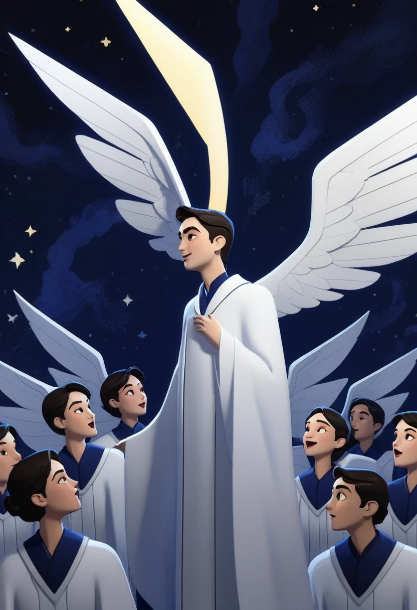 A  painting of a host of angles in chorus, seen in profile , white robes and luminescent wings, dark indigo night sky background,  in the style of comics , 8K octane render, award winning image.