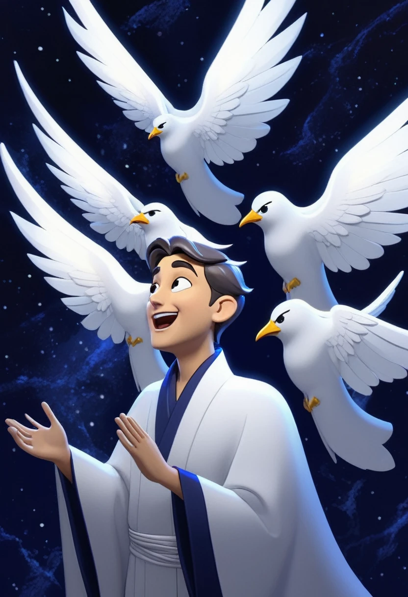 A  painting of a host of angles in chorus, seen in profile , white robes and luminescent wings, dark indigo night sky background,  in the style of comics , 8K octane render, award winning image.