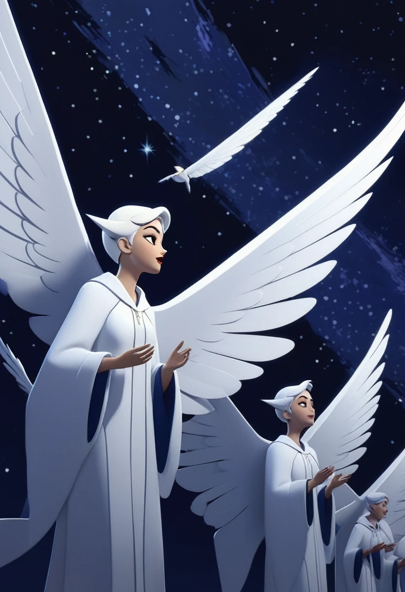 A painting of a host of angles in chorus, seen in profile , white robes and luminescent wings, dark indigo night sky background, in the style of comics , 8K octane render, award winning image.