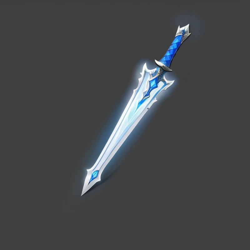 There is a blue and white sword，The hilt is blue, Glowing sword, raytraced blade, Shining Sword, sci-fi sword, Magic Sword, realistic lance, Fantasy Sword, Great Sword, Armor Sword, Great Sword, Tech Legend Sword, Role Playing Game Items, Holographic Blade!, Great Sword, Shining Sword, Magic Sword, Serrated Sword, Fantasy weapons