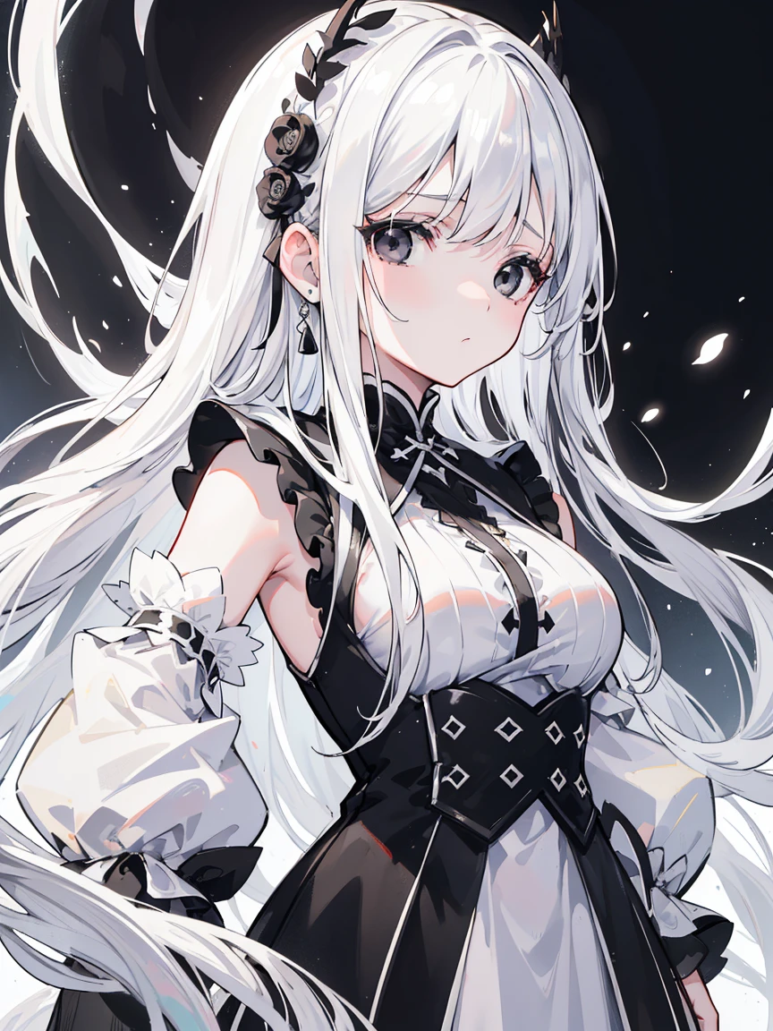 (Top image quality)、(Very detailed)、(Facing forward)、Top quality、masterpiece、(((1 girl )))、Silver Hair、White hair、((Long hair))、Weaving、(black eyes:1.6)、(White and black cheongsam)、Hooded dress、Lots of decorations、Lots of ribbons、White Ribbon、She looked grim.、Fluffy loose hair